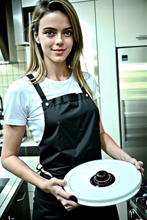 ((masterpiece)),((1girl)), closeup photo of a JulieAndrieu-2000, medium length blond hair, wearing kitchen apron and kitchen utensils in hand,detailed face, standing on a kitchen with lots of foods in the background, flat chest, does the cooking, POV, niko...