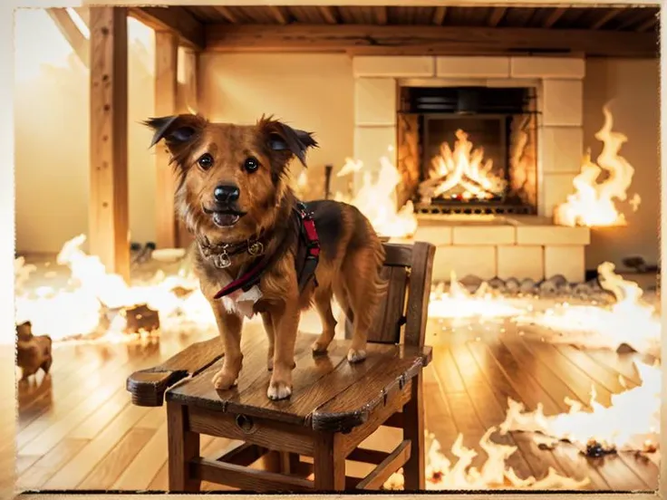 dog sitting on a chair inside a house on fire, (house on fire:1),  hyper realistic photo, 4k <lora:shelti:1>