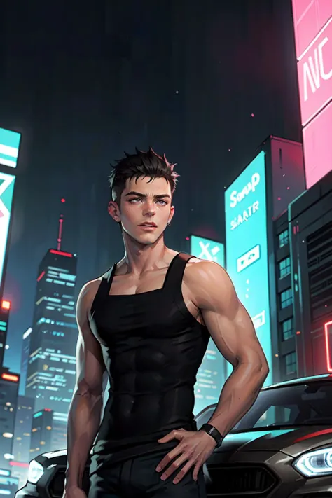 (masterpiece), (high quality:1.2), (best quality:1.2), sharp focus, a young man, short hair, athletic body, wearing ((squarecut tanktop)), (cyberpunk:1.2), cyberpunk theme background, neon lights, futuristic buildings, futuristic city, night scene, bisexua...