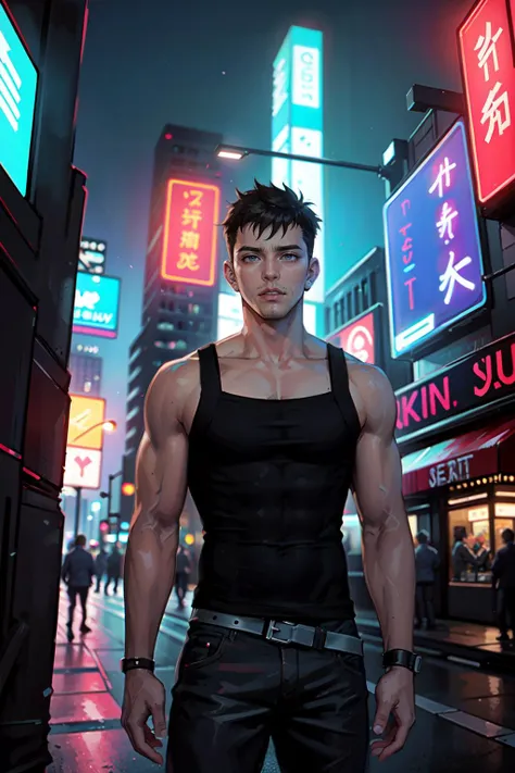 (masterpiece), (high quality:1.2), (best quality:1.2), sharp focus, a young man, short hair, athletic body, wearing ((squarecut tanktop)), (cyberpunk:1.2), cyberpunk theme background, neon lights, futuristic buildings, futuristic city, night scene, bisexua...