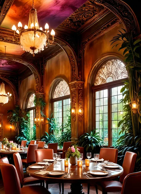 a close up of a table with many chairs and a chandelier