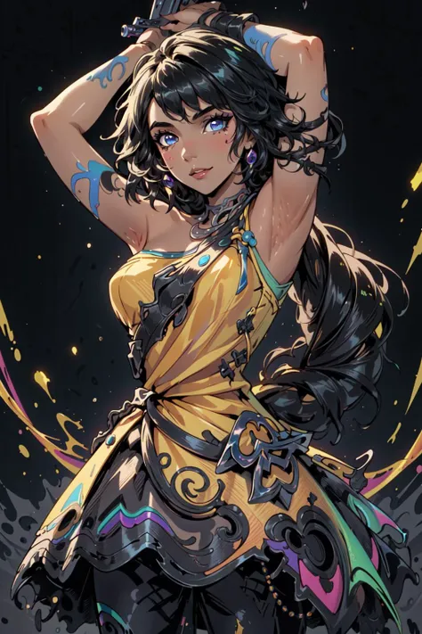 (masterpiece, best quality),  intricate details, 
1girl, <lora:Nilah_LoL:0.8> nilah (league of legends), 1girl, yellow dress, black pants, black hair,
 <lora:EnvyRadioactive-sd15-d:0.8> swirling color background, neon lights, colorful graffiti, body paint,