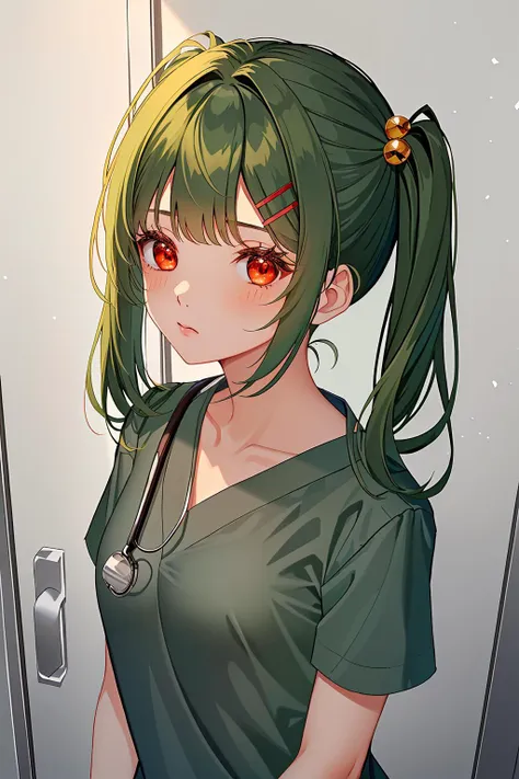 ((masterpiece, best quality, high quality)),1girl,  <lora:Clare Sniders:0.7> (clare sniders, oc ch9, 1girl, hair ornament, red eyes, twintails, hairclip, swept bangs, hair over shoulder, dark green hair, medium hair, small breasts, sidelocks), <lora:Clothi...