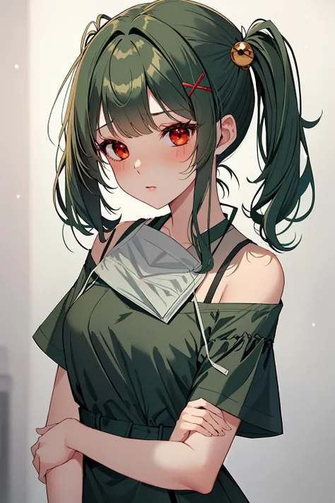 ((masterpiece, best quality, high quality)),1girl,  <lora:Clare Sniders:0.6> (clare sniders, oc ch9, 1girl, hair ornament, red_eyes, twintails, hairclip, swept bangs, hair over shoulder, dark_green_hair, medium hair, small breasts, sidelocks),   <lora:conc...