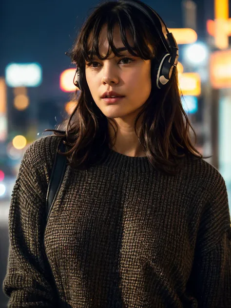 c0urtney,a woman,long hair,bangs,wearing headphones,(city lights:1),serious,wearing black sweater,closeup,extremely detailed,intricated,masterpiece,LEICA,professional photographer,cinematic,(film grain:1.2),bokeh,volumetric lighting,motion blur, <lora:epi_...