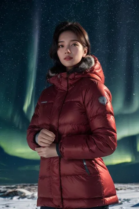 Best quality, 8k, perfect lighting, masterpiece, ultra high res, (photorealistic:1.4), raw photo,1girl, solo, realistic, looking at viewer, upper body, detailed arctic background, winter clothes, dynamic pose, snow, snowflakes, night, aurora sky, detailed ...