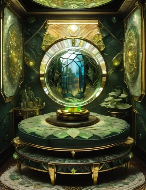 ((best quality)), ((masterpiece)), ((realistic,digital art)), (hyper detailed),DonML34f, Cryptocurrency Laundering Facility, Decorative Cushions/Pillows,Golden Chalice,Bedsheets,Crystal Ball,Mirror, Loom-Controlled Shifting tapestry,Carpet,Andesite stone, ...