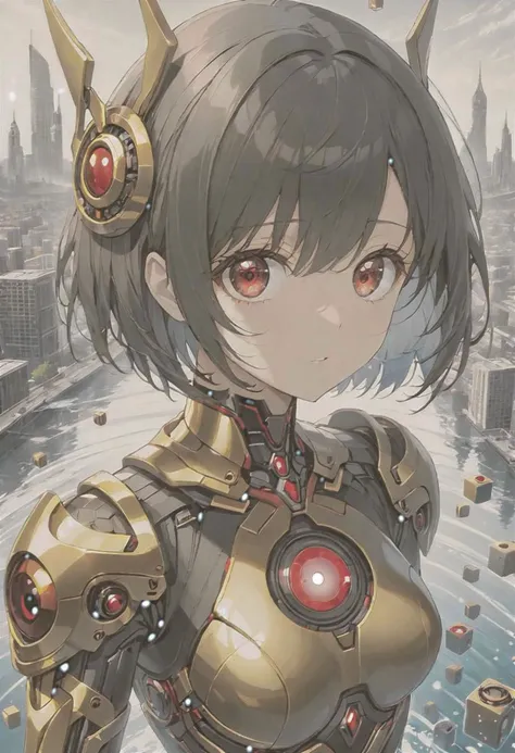 anime game, dark space iridescent fractal cells cellularal matrix of eye-holes and keyholes of eyeholes geometry fractals, upper body,, 1girl, short hair, red eyes, black eye-hole keyhole cube-hole ultron mech armor of repeated multi-plates of copper and g...