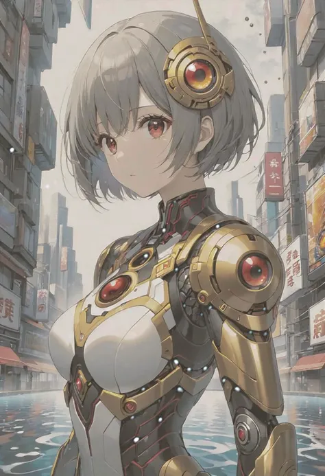 anime game, dark space iridescent fractal cells cellularal matrix of eye-holes and keyholes of eyeholes geometry fractals, upper body,, 1girl, short hair, red eyes, black eye-hole keyhole cube-hole ultron mech armor of repeated multi-plates of copper and g...