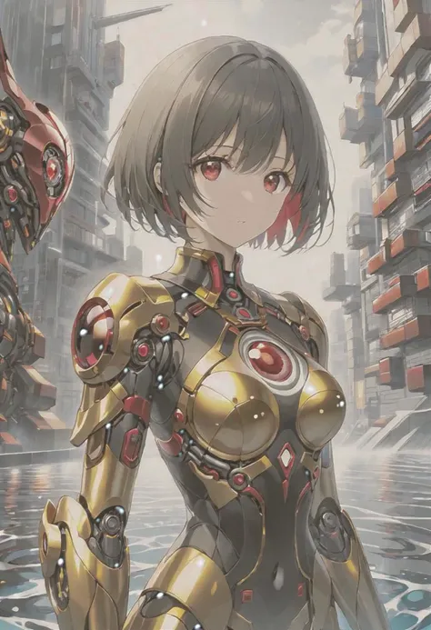 anime game, dark space iridescent fractal cells cellularal matrix of eye-holes and keyholes of eyeholes geometry fractals, upper body,, 1girl, short hair, red eyes, black eye-hole keyhole cube-hole ultron mech armor of repeated multi-plates of copper and g...