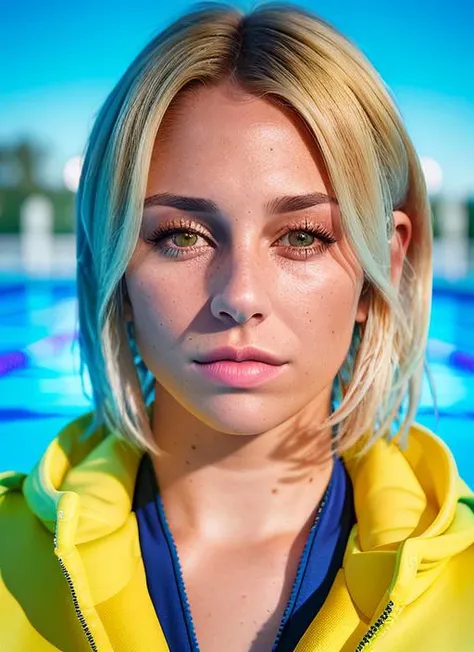 a close up of a woman in a yellow jacket near a pool