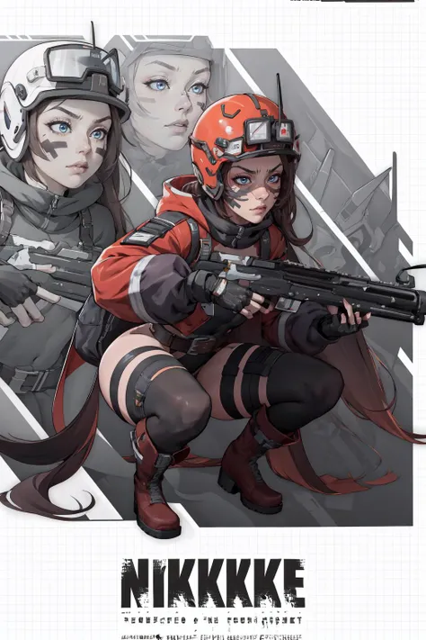 (masterpiece,best quality,absurdres,beautiful,intricate,4k,detailed,aesthetic),IncrsNikkeProfile,full body, zoom layer, holding gun, one knee,1girl,micadef, very long hair, helmet, facial mark, bandaid on face, jacket, leotard, belt, thighhighs, thigh stra...