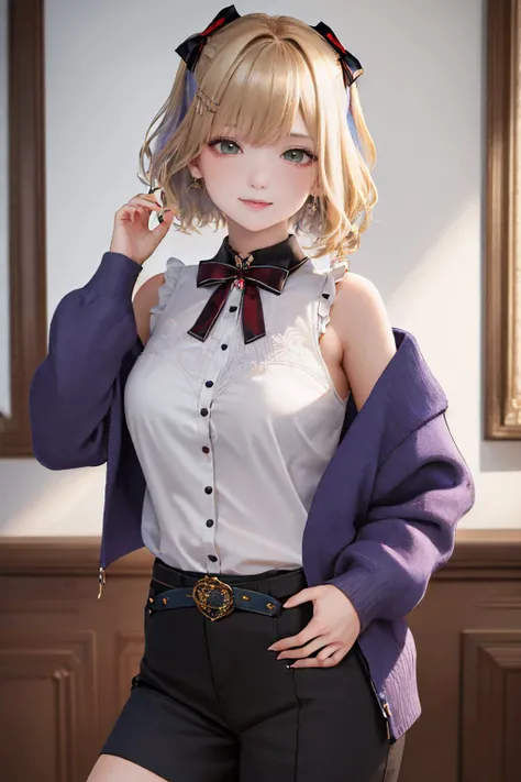 (masterpiece, best quality:1.2), <lyco:vspo_kurumi-09:1.0>, cowboy shot, solo, 1girl, kurumi noah, smile, looking at viewer, hand on hip, hairclip, hair ornament, off-shoulder jacket, shirt, long sleeves, bow, jewelry