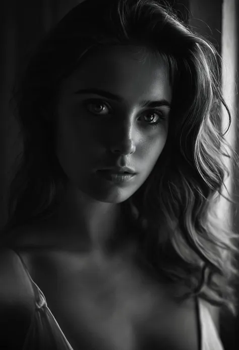 cinematic film still ,The most beautiful girl in the World, 24 years old, closeup, bnw photo in the style of Alessio Albi, cinematic composition, cinematic lighting, half body,  <lora:High-key lighting Style:1> High-key lighting Style, bright light . shall...