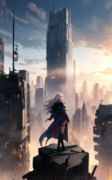 (alluring fashion photo style of [Cathleen McAllister|Ilya Kuvshinov|Loish|Daniela Uhlig|Ross Tran]:1.2),  A post-apocalyptic warrior woman stands atop a ruined skyscraper, gazing at the horizon, her cloak billowing, with a robotic wolf companion at her si...