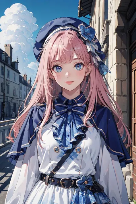 (masterpiece, best quality, beautiful and aesthetic:1.3), upper body, portrait, looking at viewer, 1girl, solo, light smile, (pink hair), very long hair, cyb dress, capelet, long sleeves, belt, bow, bowtie, hat, headwear, standing, shiny skin, beautiful fa...