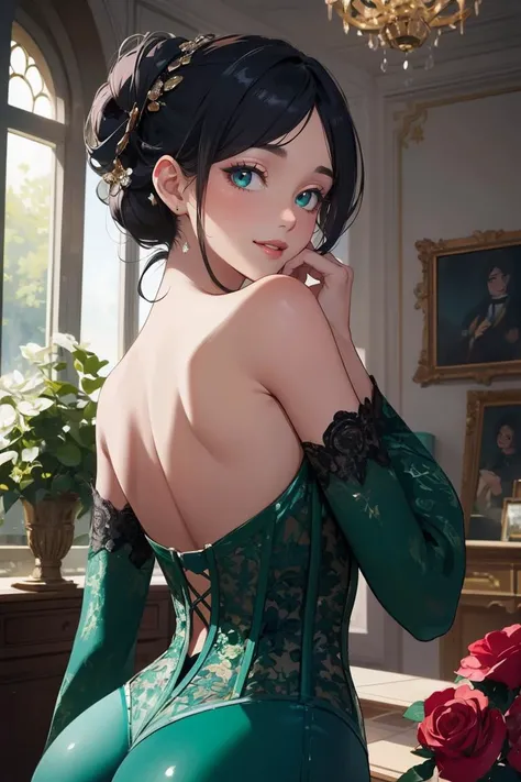 (masterpiece, best quality, beautiful and aesthetic:1.3), 1girl, light smile, solo, black hair, top knot, gr33nl4c3, lace leotard, long sleeves, intricate green embroidery, upper body, looking at viewer, look back, shiny skin, beautiful face, beautiful eye...