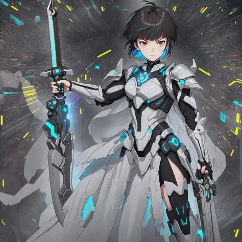 Blade Power, one girl wearing silver and black sci-fi body armor, holding a glowing gradient rainbow-colored sword, dynamic poses, tsunemori akane, dark background, highly detailed, ultra-high resolutions, 32K UHD, best quality, masterpiece,