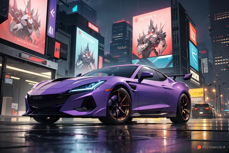 photorealistic, best quality, masterpiece, highly detailed, ultra-detailed, a futuristic sports car in a cyberpunk city at night with neon lights and rain. by josan gonzalez splash art graphic design color scheme minimalism ultra realistic unreal engine 5 ...