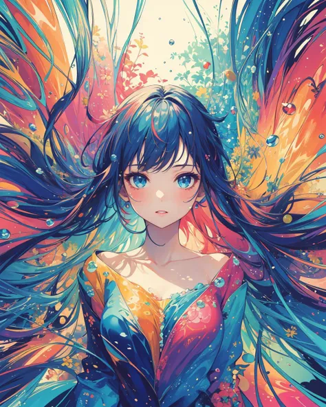 masterpiece, best quality, 1girl, upper body, splashing, abstract, psychedelic, colorfantasystyle