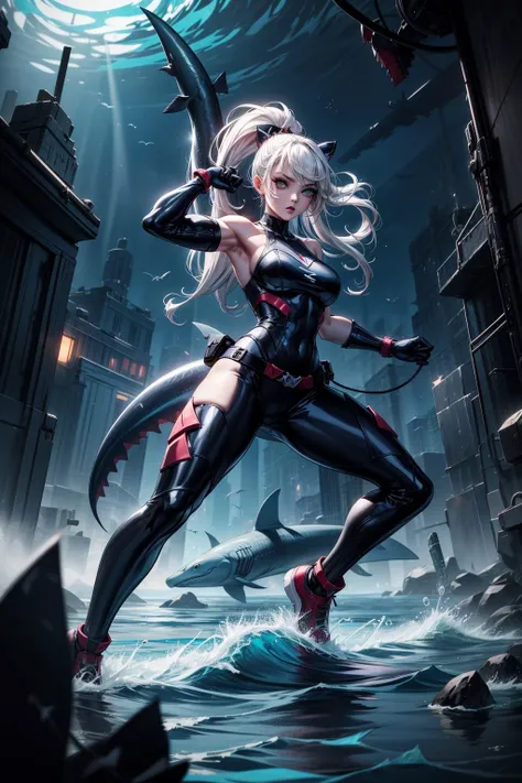 masterpiece, fullbody,standing frontal,best quality, ultra high res, a muscular pale female aquatic shark ethereal girl,fighting stance,deep shadow, dark theme, fully clothed, <lora:add_detail:1>