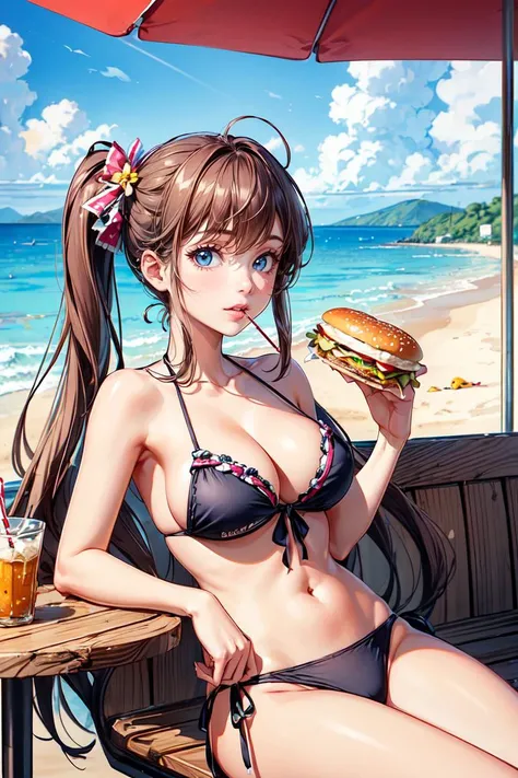 (best quality, high quality, masterpiece:1.3), 1girl, cute and adorable, bikini, at beach, tavern, table, (straw:1.3), eating a hamburguer, <lora:add_detail:0.7>