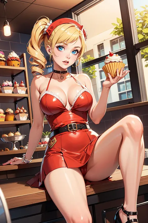 beautiful woman with blonde hair and blue eyes, pin-up style, diner, cupcakes and candy