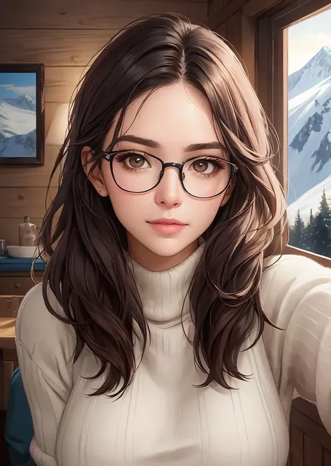 A photo of emb-babs,as a beautiful woman in a thick sweater,wearing stylish glasses,in a ski cabin,(looking at the camera),photoshoot style,seductive expression,8k HD,RAW,dslr,perfect features,flawless skin,skin pores,professional,masterpiece,(photorealist...