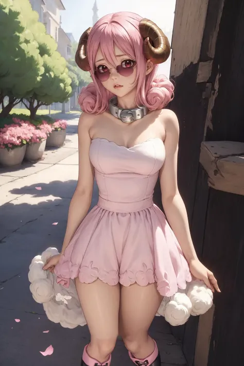 <lora:Aries:1.0> AriesFairyTail, 1 girl, wool hair, medium hair, sheep horns, pink eyes, tanned skin, pink sunglasses, white dress, black tall boots, metal collar,