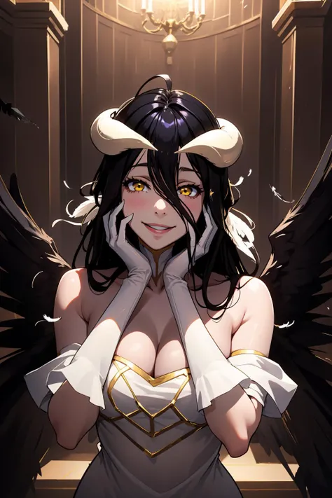 masterpiece, best quality, highres, absurdres, ultra detailed,
1girl, albedo_overlord, black hair, white horns, (low wings,:1.1), black wings, BREAK white gown with gold, gold high heels, blushing, glowing eyes, long white gloves, yandere trance, corruptio...