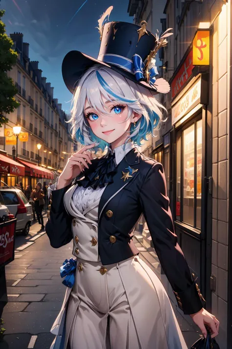 masterpiece, best quality, highres, absurdres, ultra detailed, pretty hands
1girl, furina, white hair, streaked hair, blue hair, blue eyes, top hat, standing,  happy, soft smile
looking at viewer, cowboy shot,
outside, Paris, trees, night 
 <lora:furina by...