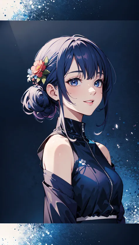 anime opening,(1girl),solo,a dreamscape aesthetic in Cobalt blue theme atmosphere,mosaic background,happy,floral,(wallpaper style),movie trailer,cinematic,screencap,still shot,true perception,comfortable,