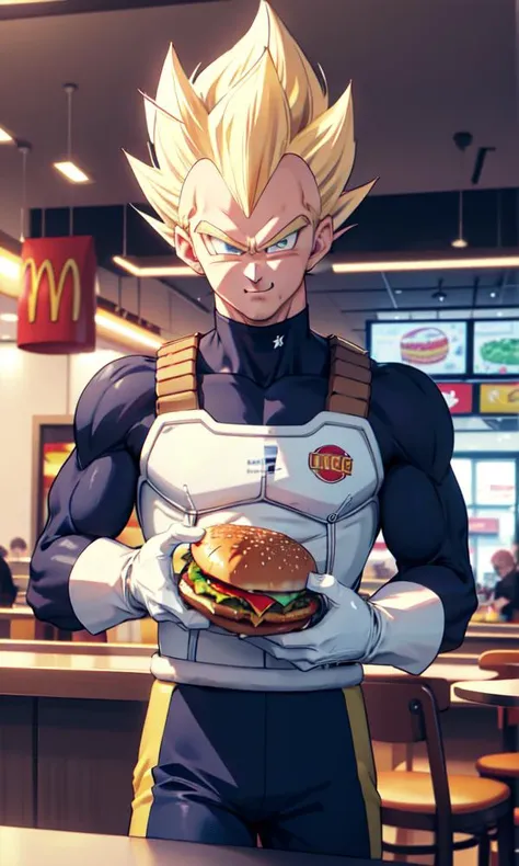 vegeta eating a burger in a mcdonalds restaurant, indoor fast food store background, (masterpiece, best quality:1.2) perfecteyes eyes, green eyes, solo, male focus, 1boy, happy, mouth open, blonde spiked hair, armor, white gloves,  <lora:dbz_vegeta:1>,  <l...