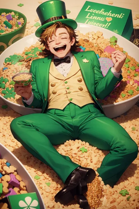 A very drunk leprechaun passed out asleep in a gigantic bowl of Lucky Charms cereal, frosted lucky charms, theyre magically delicious, leprechaun, drooling, snoring, shamrocks, pants, next to a cereal box that says "Lucky Charms", English text, top hat, ce...