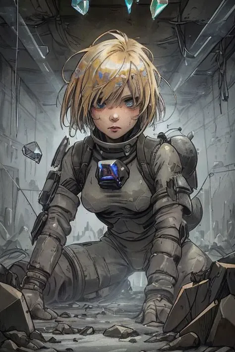 a woman in a futuristic suit kneeling on a pile of rubble