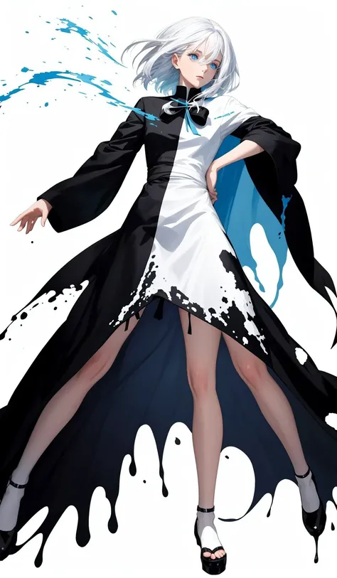 a woman with white hair and blue eyes is in a white dress with a black background and a splash of paint, full body