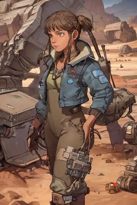 StarWars_Outlaws, illustration cover by moebius, moebiuscolor, a pretty cute young woman walking in a spaceship junkyard in a rocky desert, surprised innocent expression, mechanical parts, shipwrecks, spaceship debris, (detailed face, detailed eyes:1.6), i...