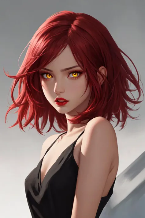 portrait of a girl, BREAK, red hair, BREAK, yellow eyes, dynamic expression, expressive mood, BREAK, maroon lipstick, BREAK, short black dress, bare shoulders.