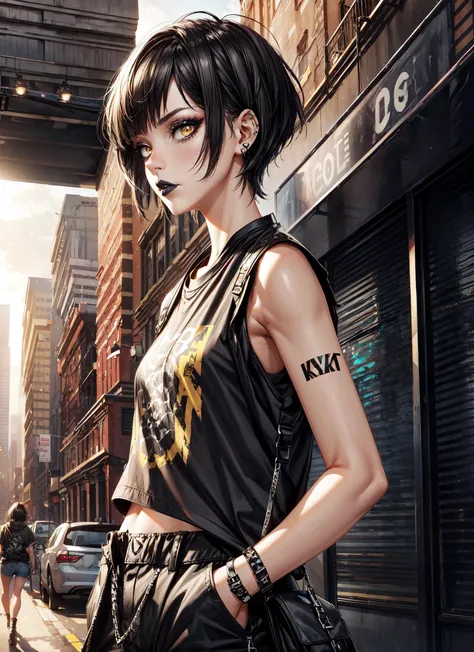 1girl,punk,short hair,black hair,yellow eyes,eyelashes,eyeshadow,(black lipstick:1.2),nose piercing,lip piercing,baggy shirt,black baggy shirt,(sleeveless),tight black jeans,spikes bracalet,walking,(from side),lookint at viewer,facing viewer,expresionless,...