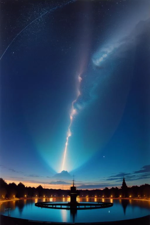 (analog photo) Relics of Atlantis against a cosmic lake reflection with saturn in the sky, vibrant colors