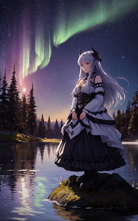 (cowboy shot, solo_focus,cinematic photoshoot of perfect seductive young woman:1.3),In the heart of a moonlit, ancient forest, a solitary Valkyrie kneels beside a serene lake. The water mirrors the night sky, dotted with constellations. Around her, etherea...