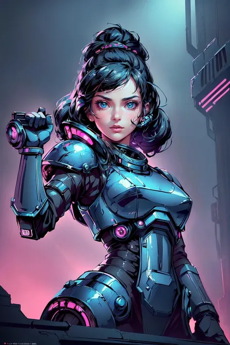 (best quality, high quality, masterpiece:1.3), 1girl, cute and adorable, portrait, solo, upper body, looking down, detailed background, detailed face, (1980s futuristic synthwave, bladerunner theme:1.1), shogun, dark blue samurai armor,     bushido, battle...