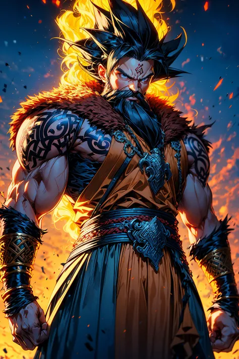 (best quality, high quality, anime masterpiece:1.3), son goku wearing a (viking outfit:1.3), detailed outfit, black hair, long beard, viking tattoos, detailed background, aura  <lora:add_detail:0.7>  <lora:son_goku_offset:0.8>