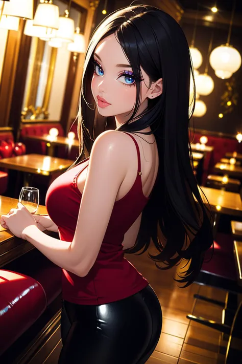 a woman in a red top and black pants sitting at a bar