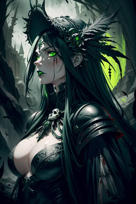 Gothic reimagining, a breathtaking vision in a macabre ensemble of skull armor and helmet, her long locks transformed into a sinuous raven mane encircling her, her piercing green eyes and seductive red lips highlighted against a haunting blood moonscape, m...