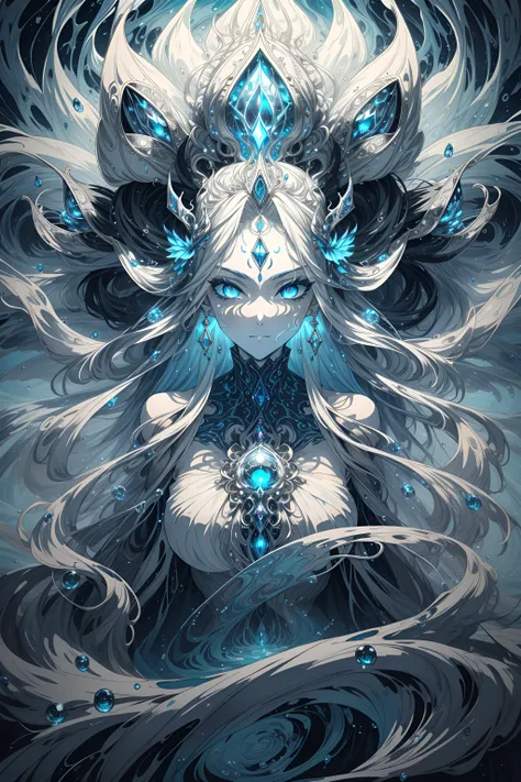 Ethereal Aaron Horkey-esque painting, a captivating woman adorned with silver waves representing her luscious locks, wearing a mask formed by water droplets cascading from her face; her intense eyes pierce through swirling colors illuminated by radiant lig...