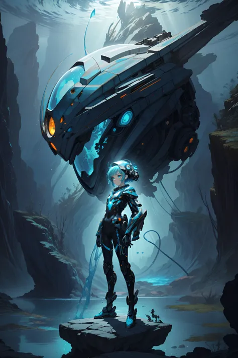 Surreal post-apocalyptic fantasy, a young anime girl from "ACE" series dons a vintage 90s space helmet and a form-fitting thunder orange suit, standing amidst bio-robotic creatures and alien landscapes, her cute features framed by fluid art background wave...