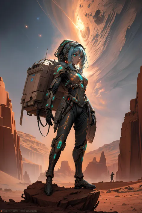 Sci-fi concept art, An alluring ancient Martian woman clad in technologically advanced cosmic battle gear, depicted in stunning detail against a Mars landscape, evoking a sense of wonder and admiration as if captured by a celebrated photographer.