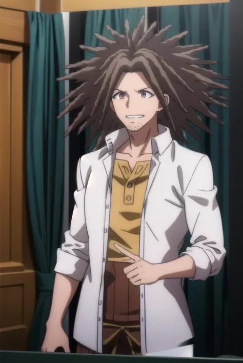 yasuhirohagakure, <lora:yasuhiro hagakure s1-lora-nochekaiser:1>,
yasuhiro hagakure, bangs, brown hair, (brown eyes:1.3), male focus, facial hair, dreadlocks, smile, grin,
BREAK shirt, collarbone, jacket, white shirt, open clothes, collared shirt, open jac...