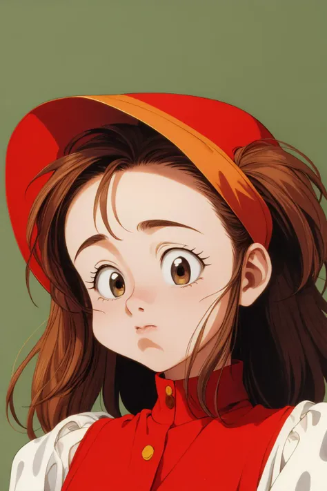 a close up of a girl with a red hat and polka dot shirt